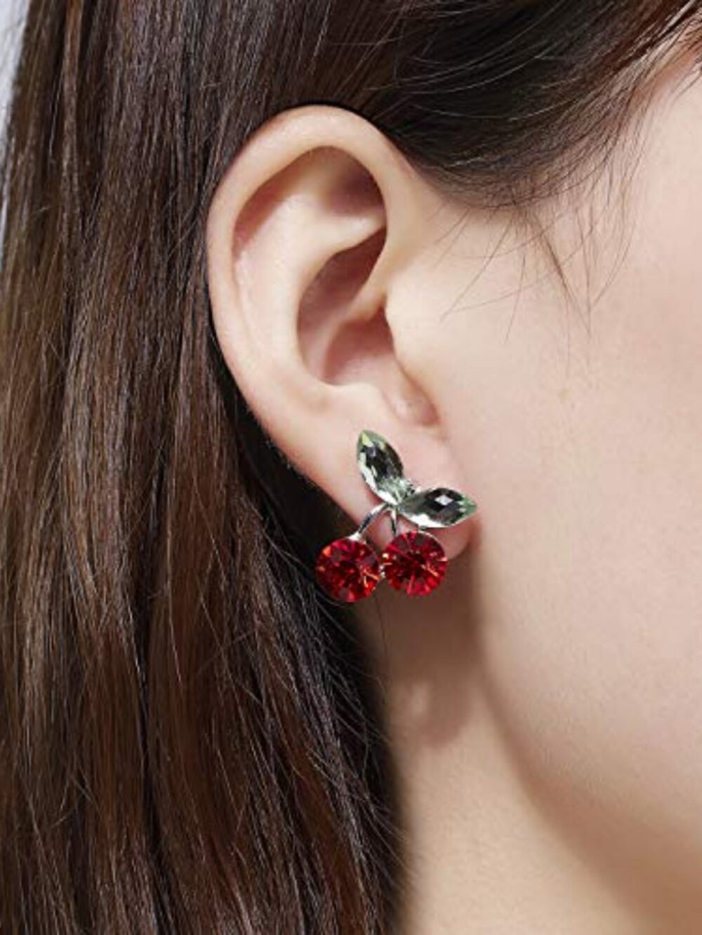 Cute Cherry Ears for Women Trendy Rhione Red Cherry Green Leaves Stud